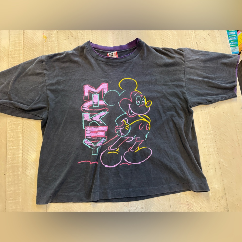 Vintage 90s Disney Black and Pink Short Sleeve Tee with Graffiti Design